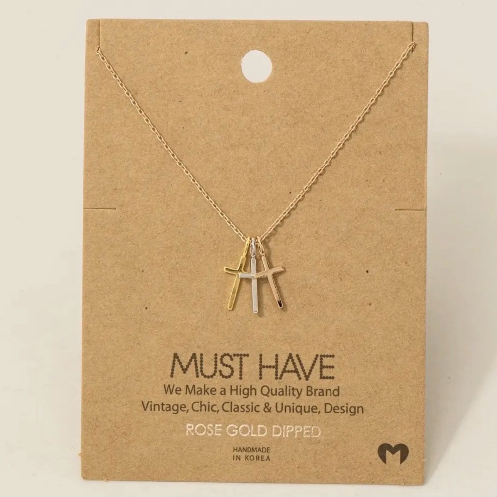 Must Have Gold, Rose Gold, & Silver. 3 Cross Necklace 16"